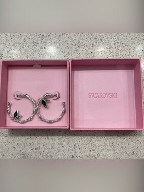 Swarovski Silver Crystal Hoop Earrings with Green Teardrop Accents